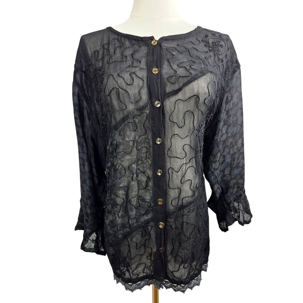 Vintage Y2K Toko Tunic Top Sheer Embroidered Black Button‎ Lace Whimsigoth Fairy